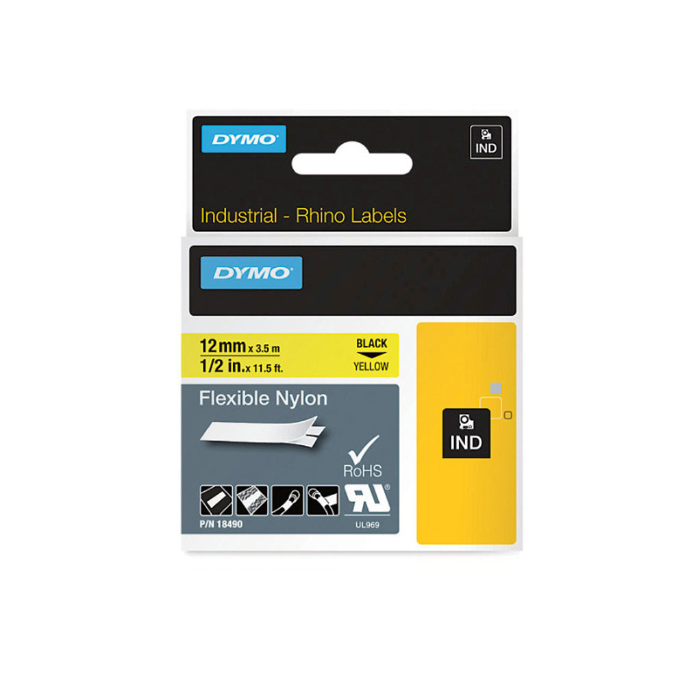 Dymo Rhino Black on Yellow Flexible Nylon Labels 12mm