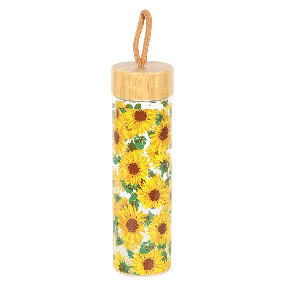 Sunflower Print Glass Water Bottle with Bamboo Lid