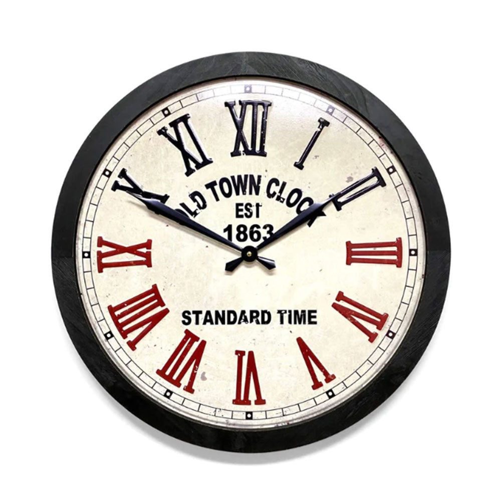 Old Town Stamped Iron Wood Frame Roman Wall Clock